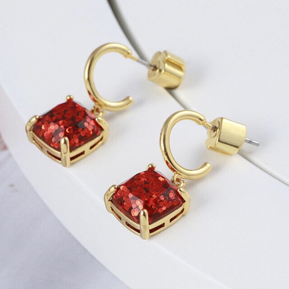 KATE SPADE NEW YORK Square Glitter Stone Charm Huggie Hoop Earrings - Picture 4 of 8